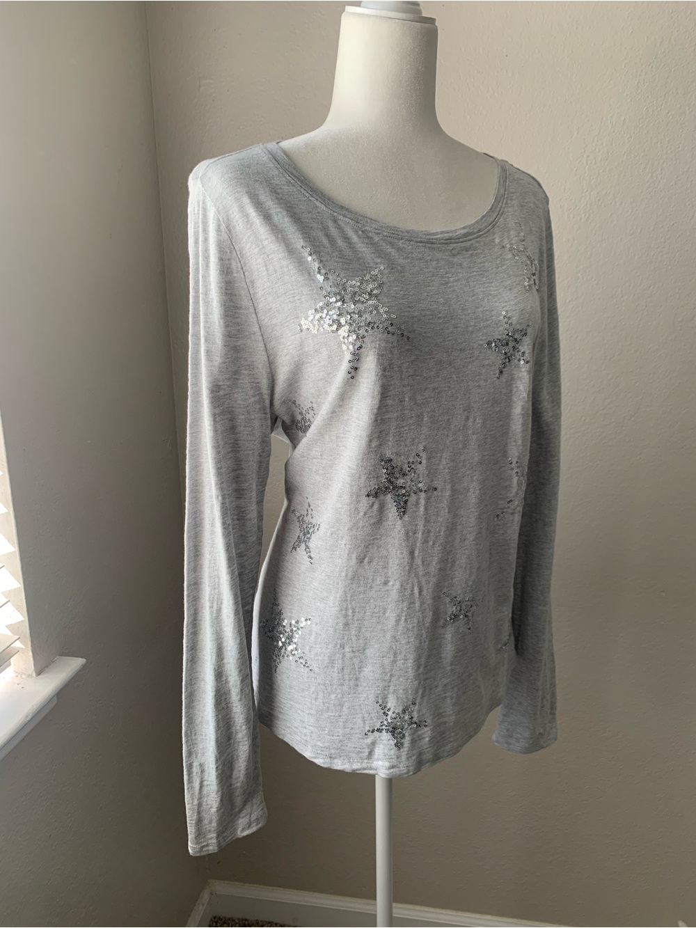 Talbots Silver Gray Sequin Star Long-Sleeve Tee - Picture 3 of 5